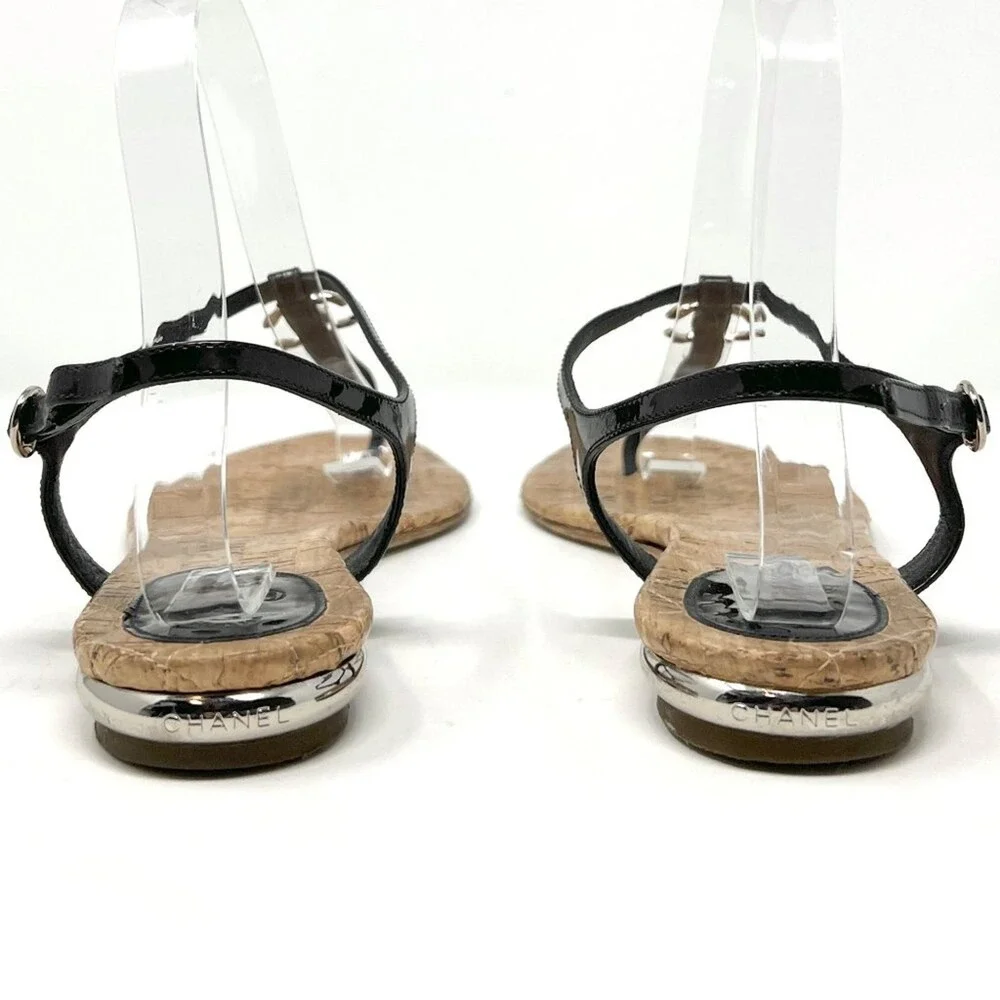 Chanel Black Patent‎ Thong Sandals CC Cork Sole Flat Sandals 40.5
